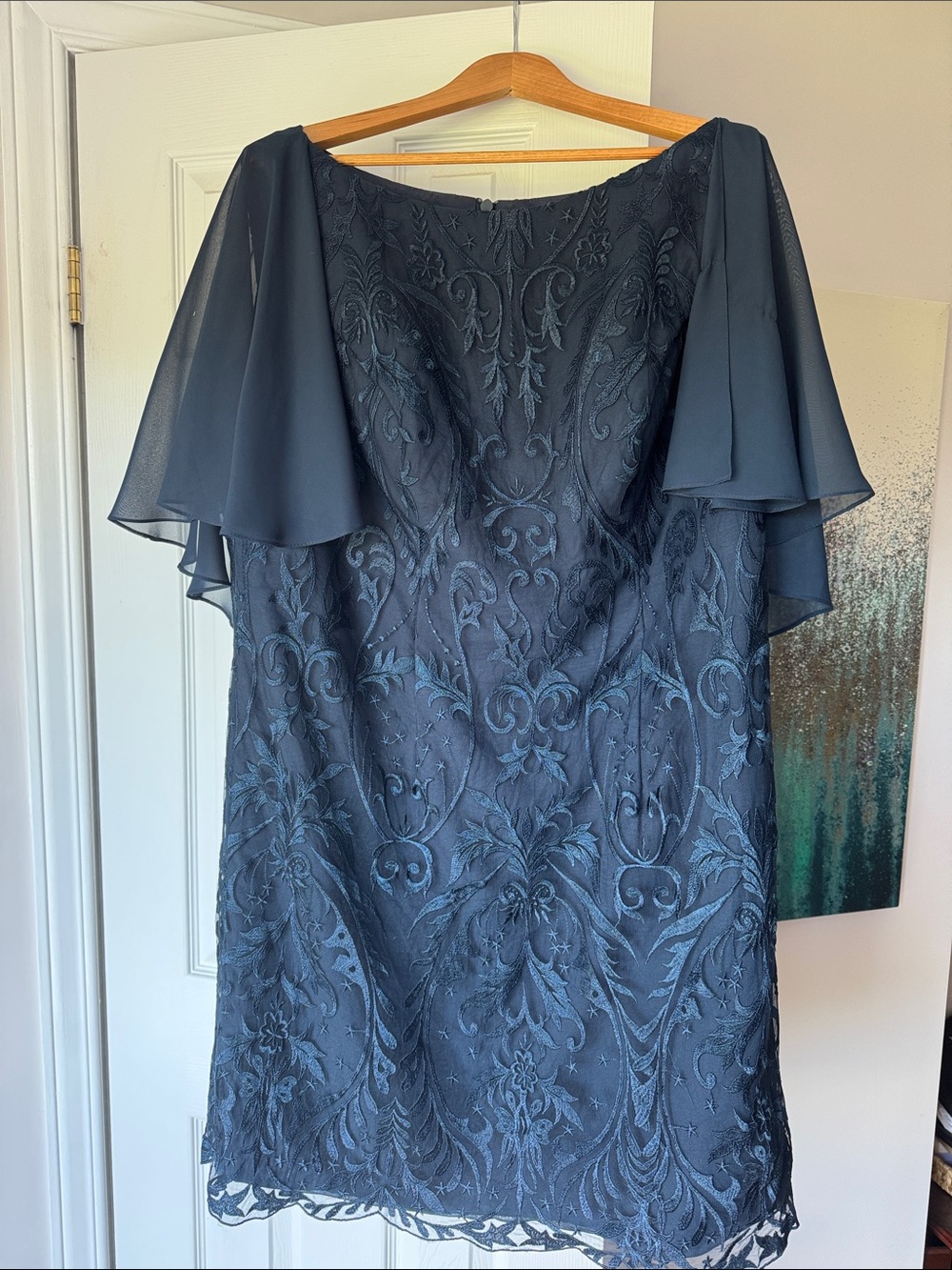 JJs House Navy Blue Embroidered Evening Gown with Sheer Flutter Sleeves